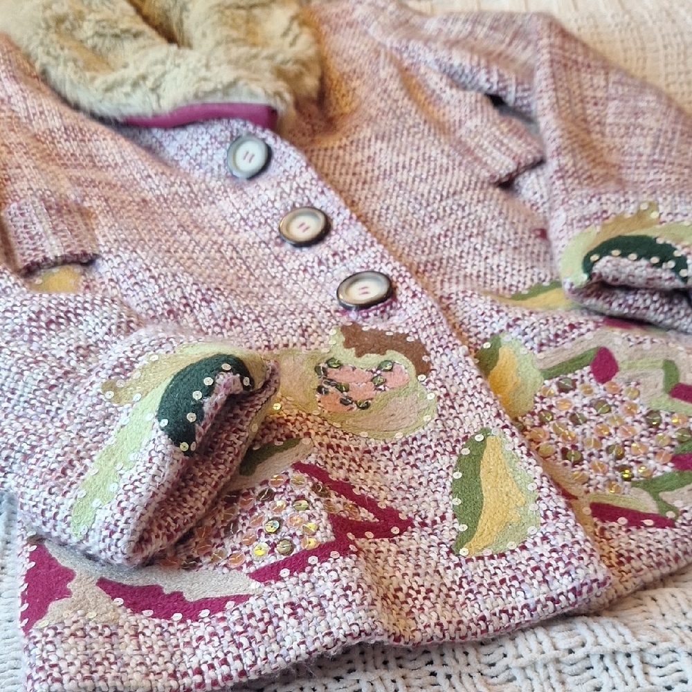 Kenzie Multicolor Pea Coat with Faux Fur Collar Size S - Picture 3 of 13